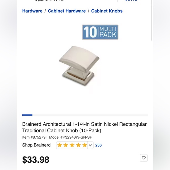 Brainerd 1 1/4" Architectural Knob Satin Nickel (10 pack) Lowes NEW - Picture 1 of 5
